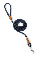 Load image into Gallery viewer, Dog leash in 12mm navy blue rope with metal clip and leather features