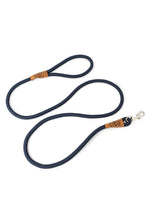Load image into Gallery viewer, Dog leash in 12mm navy blue rope with metal clip and leather features