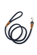 Load image into Gallery viewer, Dog leash in 12mm navy blue rope with metal clip and leather features