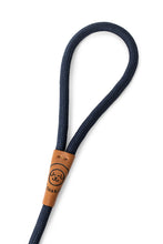 Load image into Gallery viewer, Dog leash in 12mm navy blue rope with metal clip and leather features