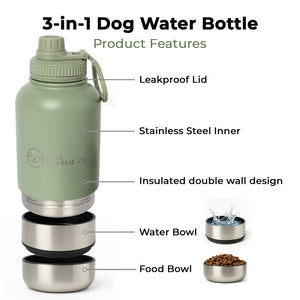 Dog Water Bottle With Bowls - Gumleaf Green