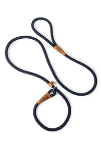 Rope slip leash for dogs in navy blue with leather features