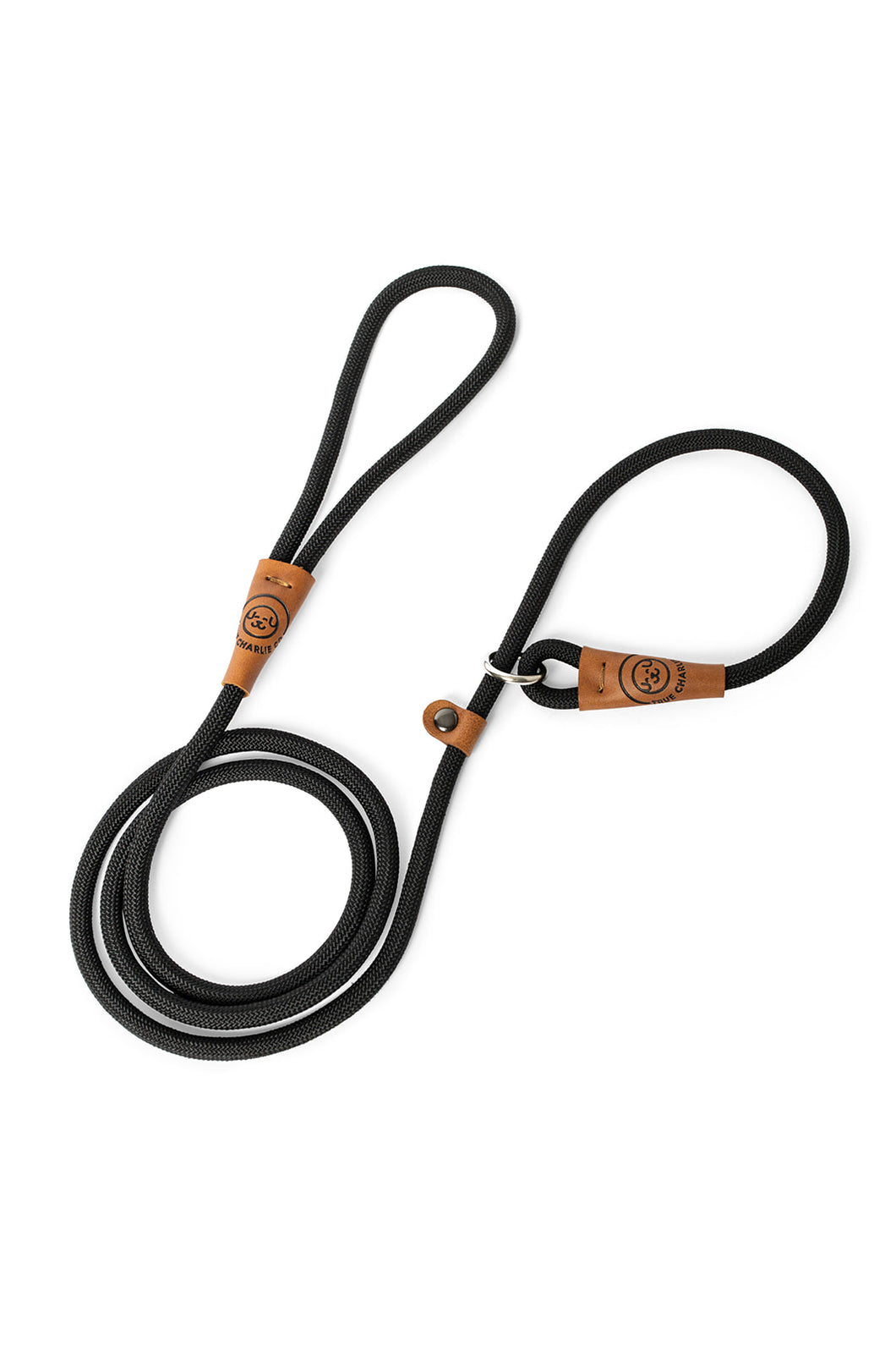 Dog slip leash in 8mm black rope with leather features