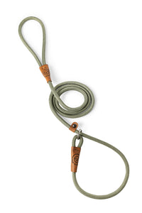 Dog slip leash in 8mm gum leaf green rope with leather features