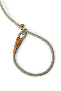 Dog slip leash in 8mm gum leaf green rope with leather features