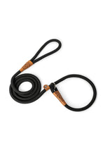 Load image into Gallery viewer, Dog slip leash in black rope with leather features
