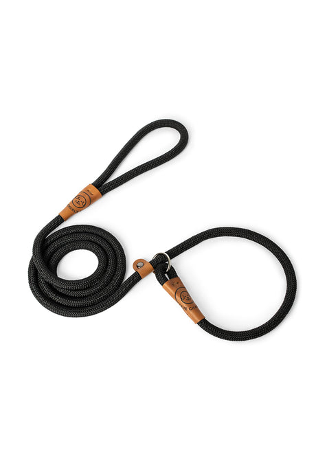 Dog slip leash in black rope with leather features