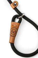 Load image into Gallery viewer, Dog slip leash in black rope with leather features
