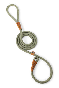 Dog slip leash in 12mm gum leaf green rope with leather features