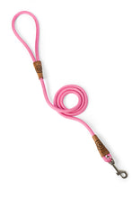 Load image into Gallery viewer, Dog leash in 8mm pink rope with metal clip and leather features
