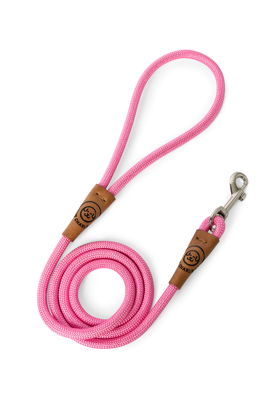 Dog leash in 8mm pink rope with metal clip and leather features