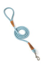 Load image into Gallery viewer, Dog leash in light blue rope with metal clip and leather features
