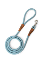 Load image into Gallery viewer, Dog leash in light blue rope with metal clip and leather features
