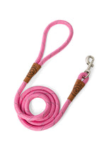 Load image into Gallery viewer, Rope dog leash in pink with metal clip and leather features
