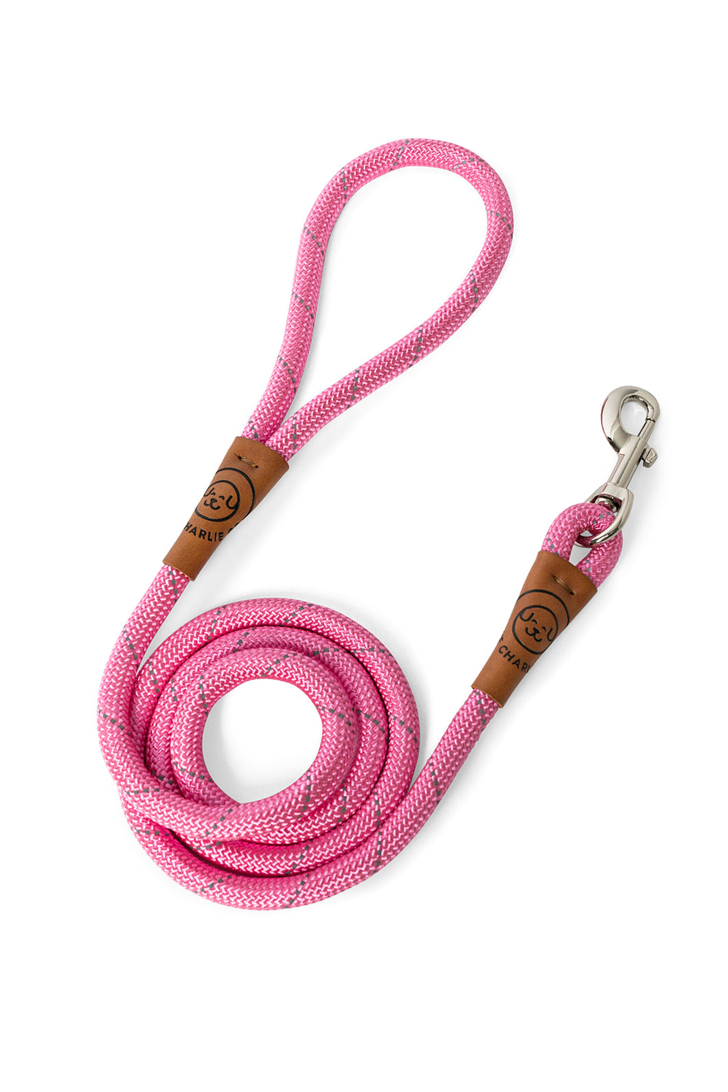 Rope dog leash in pink with metal clip and leather features