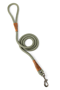 Dog leash in 12mm gum leaf green rope with metal clip and leather features