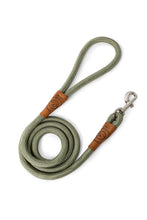 Load image into Gallery viewer, Dog leash in 12mm gum leaf green rope with metal clip and leather features
