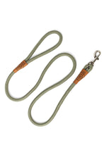 Load image into Gallery viewer, Dog leash in 12mm gum leaf green rope with metal clip and leather features
