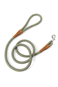 Dog leash in 12mm gum leaf green rope with metal clip and leather features
