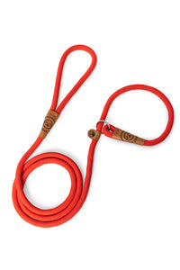 Dog slip leash in 12mm red rope with leather features